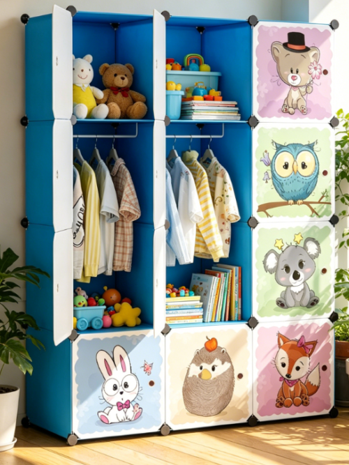 Children's Wardrobe with Doors and 2 Hangers, Deep Compartments, Blue, 110x47x147 cm